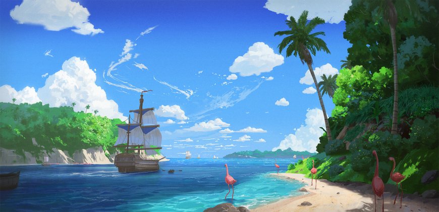 热带海岛帆船停泊粉红火烈鸟漫步蓝白清新动漫 电脑壁纸