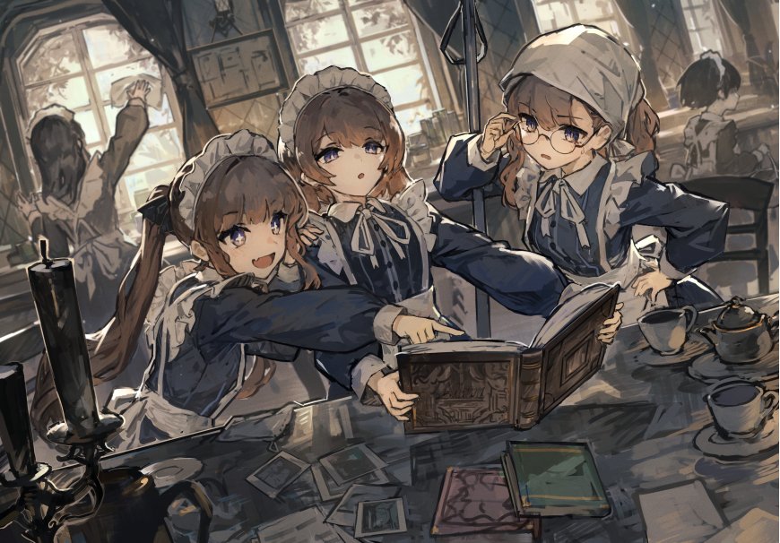 三位女仆装少女围读古籍暖灰动漫电脑壁纸