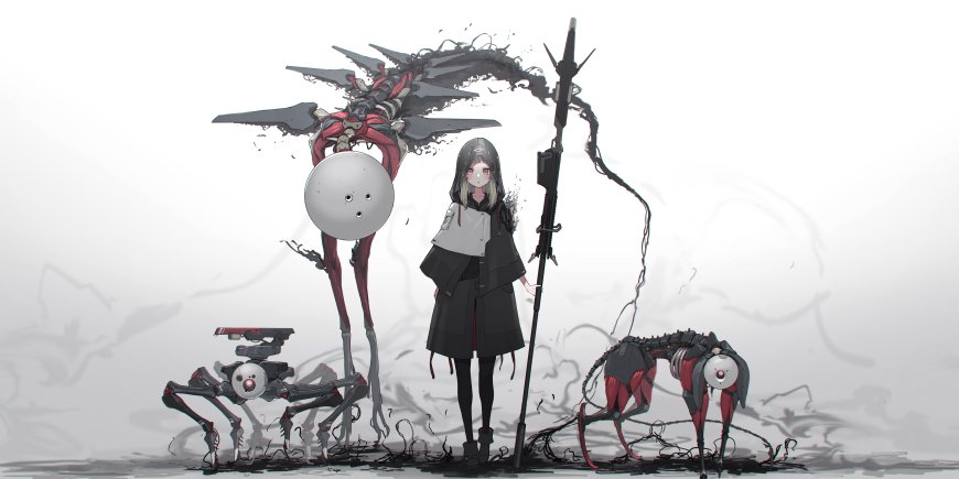 少女持枪站立红黑机械生物环绕暗灰奇幻动漫电脑壁纸