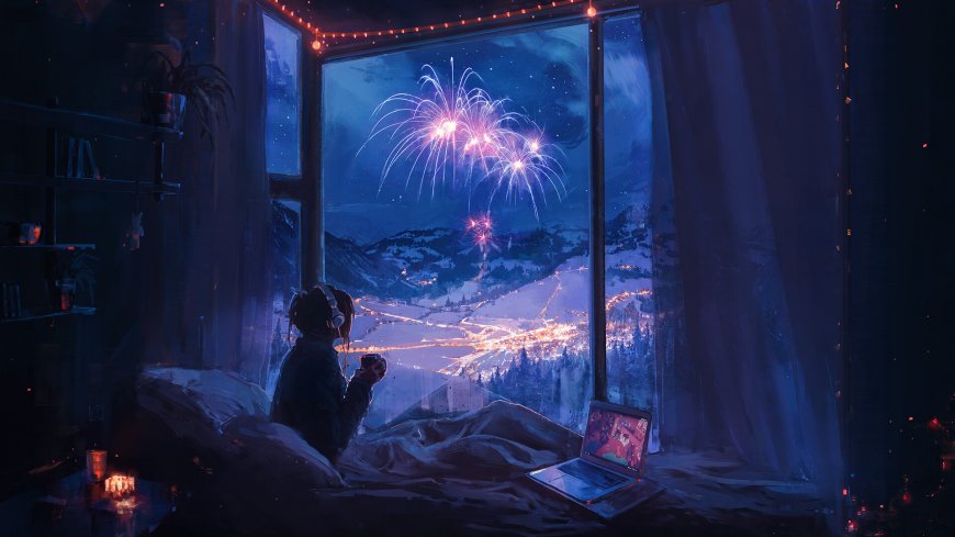 少女窗边观烟花夜景蓝紫梦幻动漫电脑壁纸