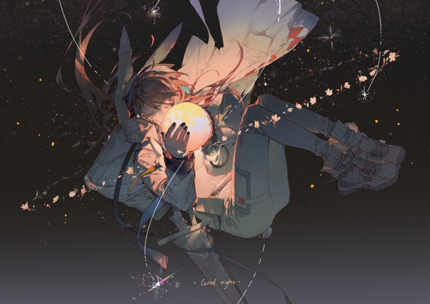 少女怀抱发光球体星尘飘落粉紫梦幻动漫电脑壁纸