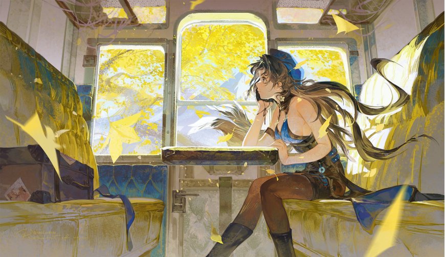 少女列车窗边托腮凝望金叶纷飞蓝黄调动漫电脑壁纸