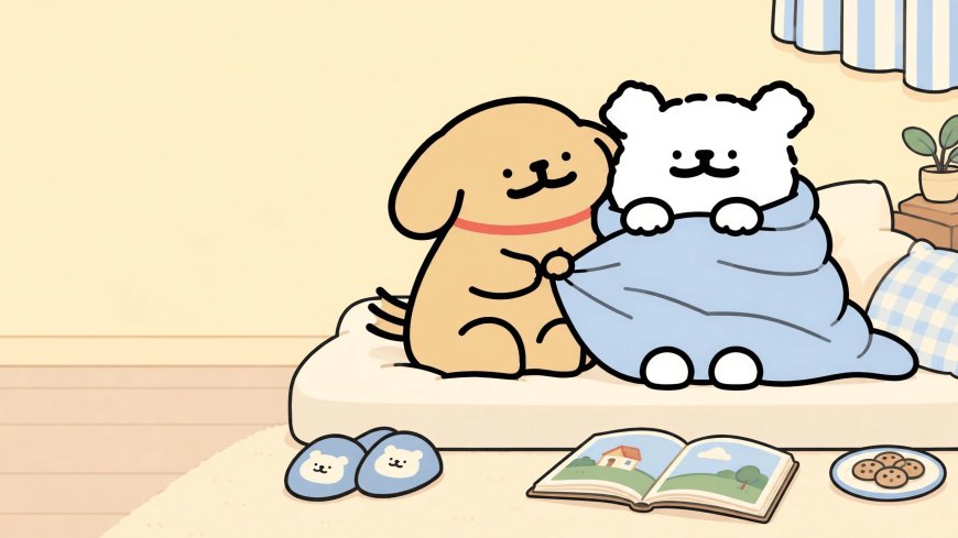 线条小狗盖毯共读温馨暖黄动漫电脑壁纸