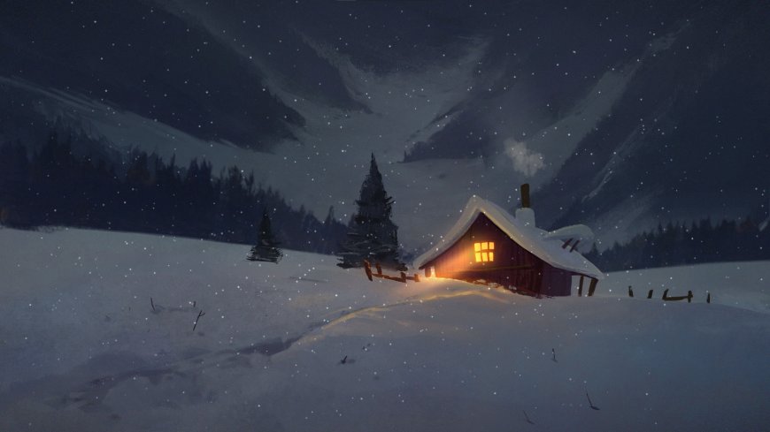 雪夜小屋暖光映照雪山松林蓝紫动漫电脑壁纸