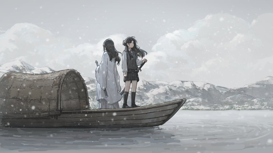 雪中木舟双少女持剑远望灰白动漫电脑壁纸