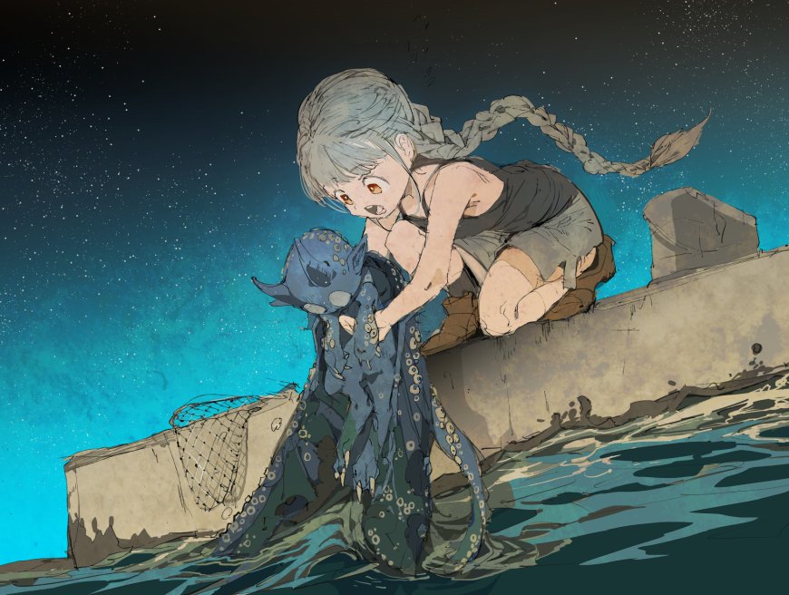 银发少女海边拥抱蓝色章鱼怪兽深蓝星空动漫电脑壁纸