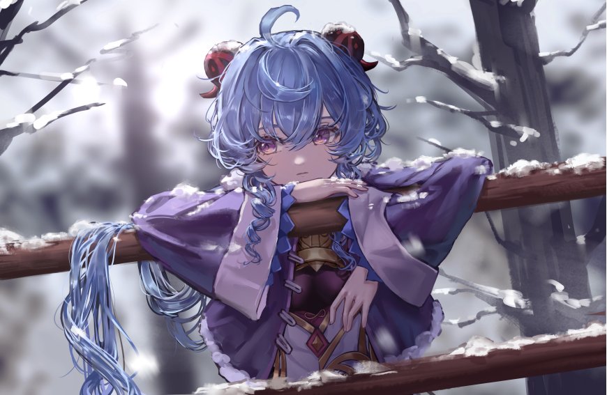 原神甘雨雪中倚栏蓝紫少女动漫电脑壁纸