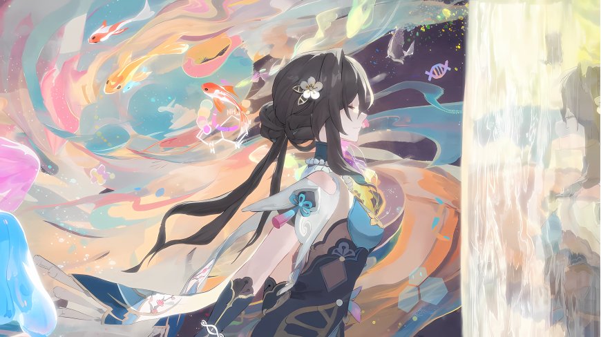原神胡桃黑发白花侧颜梦幻流彩动漫电脑壁纸
