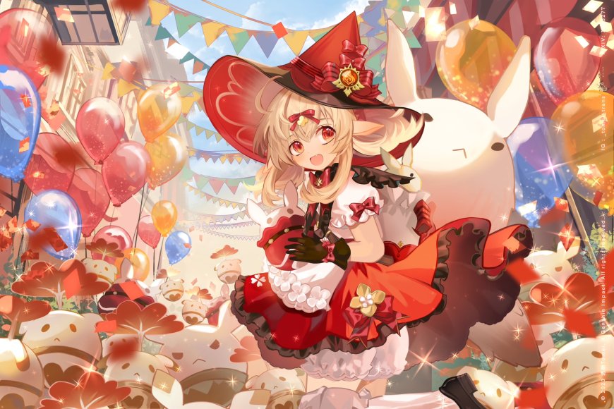 原神可莉红帽魔法少女庆典气球粉金动漫电脑壁纸