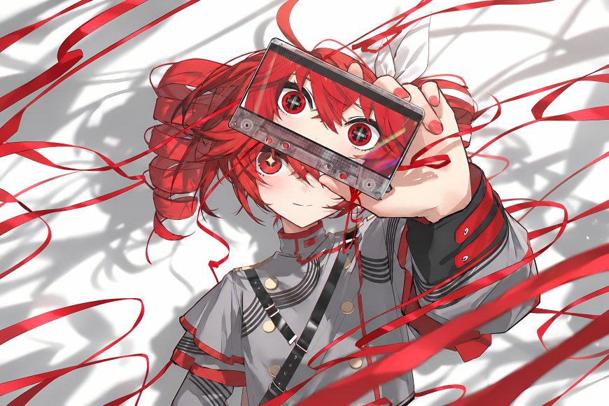 重音Teto红发少女手持磁带遮眼红白飘带动漫电脑壁纸