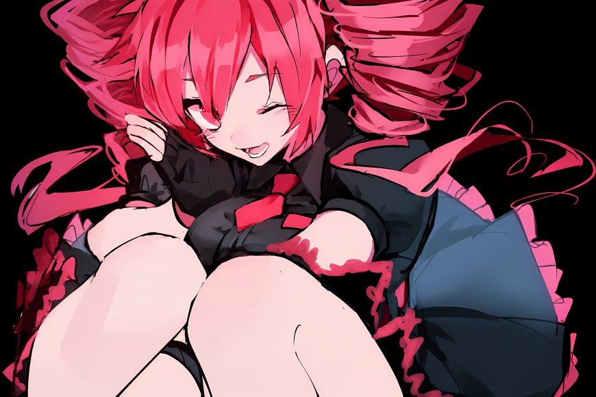 重音Teto双马尾少女眨眼微笑红黑配色动漫电脑壁纸