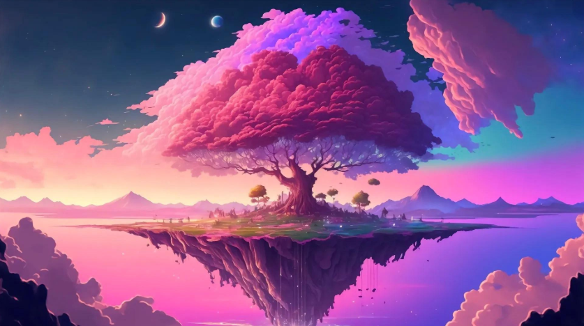 梦幻浮空岛粉色巨树电脑壁纸