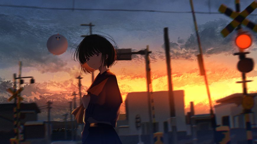 泪雨动画短发少女黄昏铁路道口唯美意境动漫电脑壁纸
