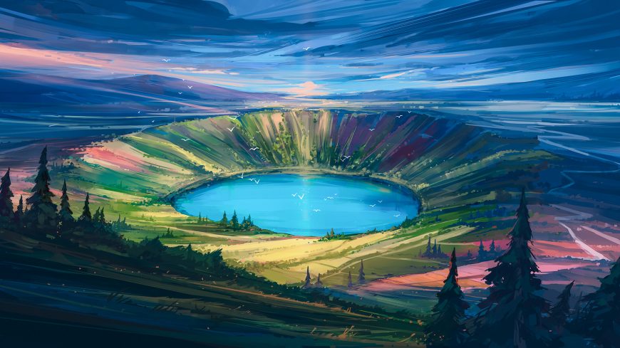 火山湖插画蓝绿渐变天空飞鸟环绕治愈系动漫风景电脑壁纸