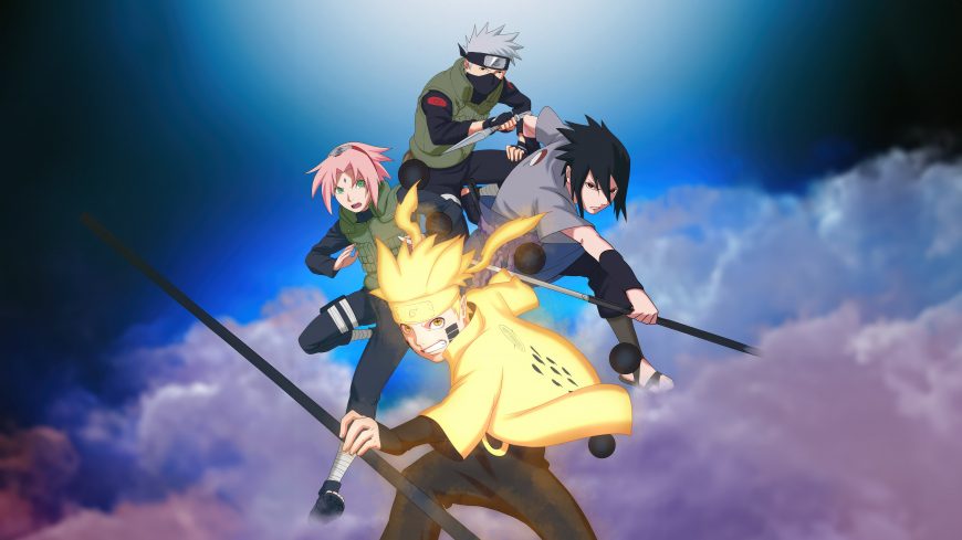 第七班鸣人佐助小樱卡卡西持械战斗蓝天背景动漫电脑壁纸