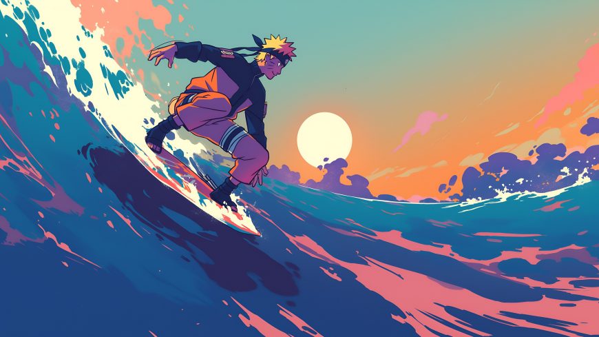 漩涡鸣人冲浪海浪夕阳渐变色彩动感插画风景电脑壁纸
