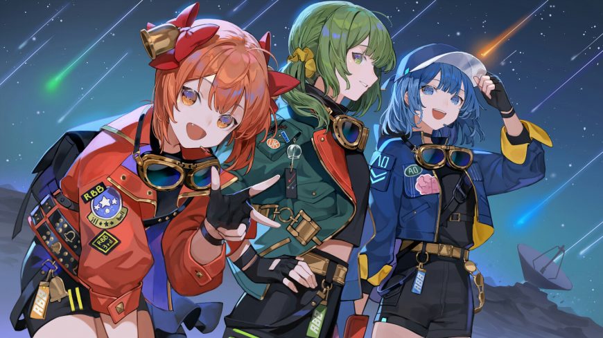 三位少女星空下比手势彩色制服流星划过创意动漫电脑壁纸