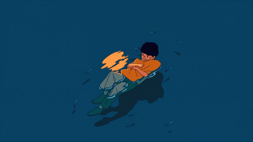 男孩怀抱橙色火焰深蓝背景漂浮小鱼治愈系动漫电脑壁纸