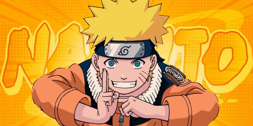 漩涡鸣人结印微笑橙色漫画风背景NARUTO字样活泼插画人物电脑壁纸