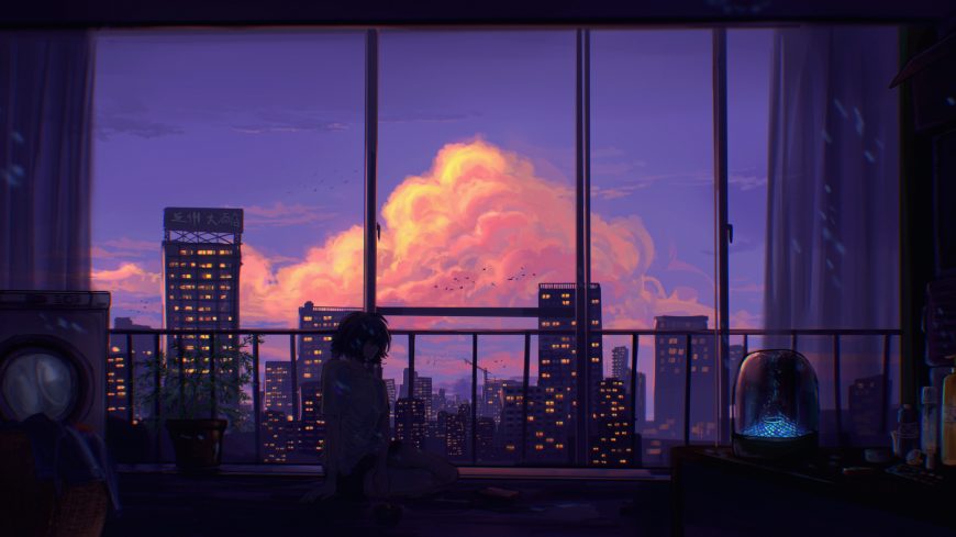 少女坐窗台看城市晚霞紫调天空高楼林立治愈风景电脑壁纸