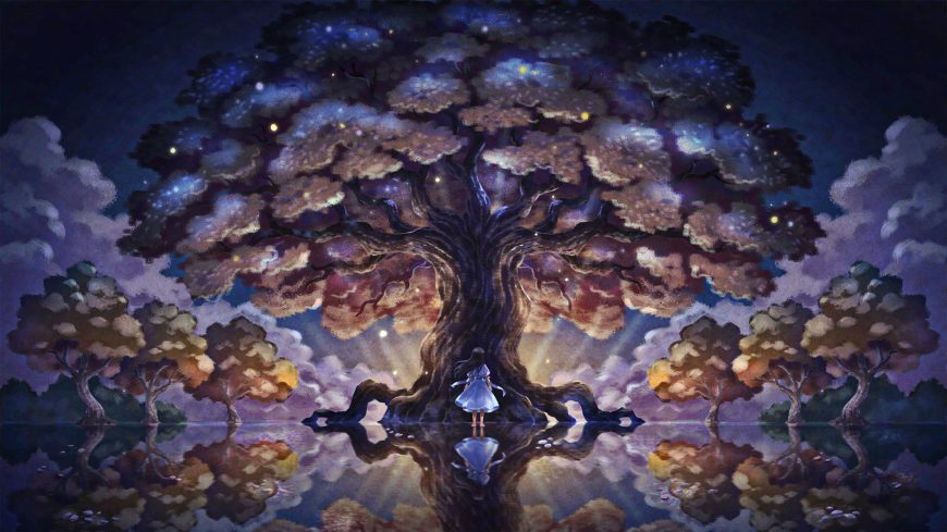 小女孩伫立星空巨树前倒影奇幻风景动漫电脑壁纸