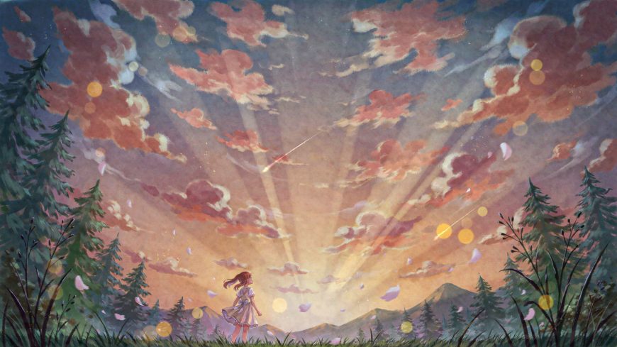 少女立于花海仰望流星雨治愈系动漫电脑壁纸