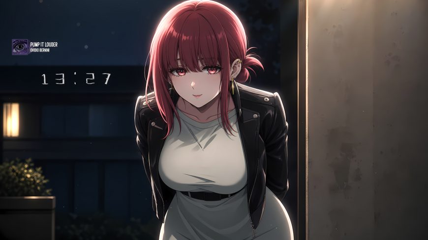 红发少女穿皮衣倚墙而立夜色光影动漫少女电脑壁纸