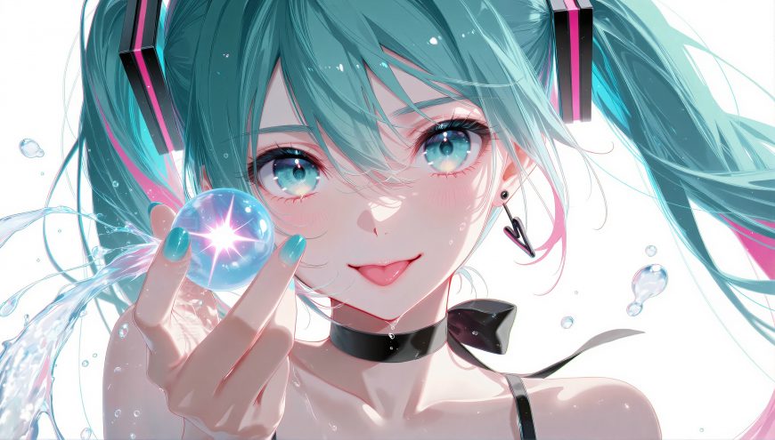 初音未来手持发光水晶球蓝发双马尾清新水花特效动漫少女电脑壁纸
