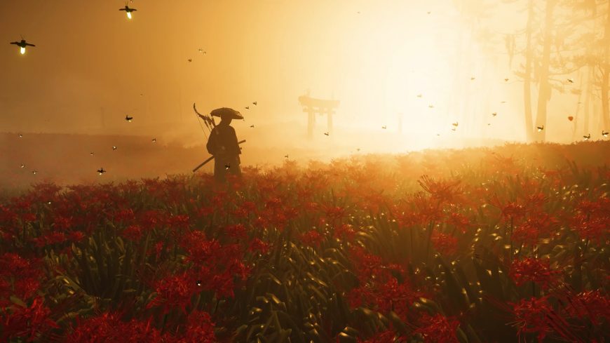 对马岛之魂武士立于彼岸花海夕阳剪影游戏风景电脑壁纸