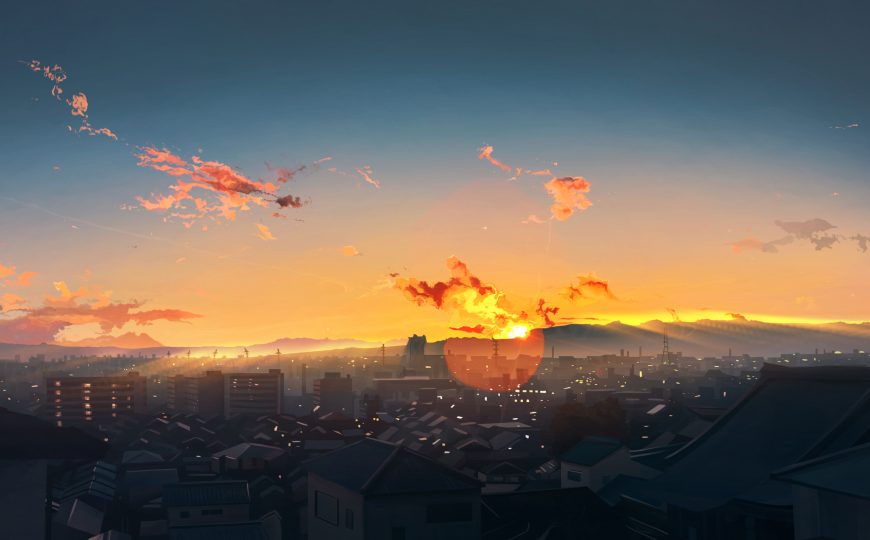 城市日落夕阳染红天际线治愈系插画电脑壁纸