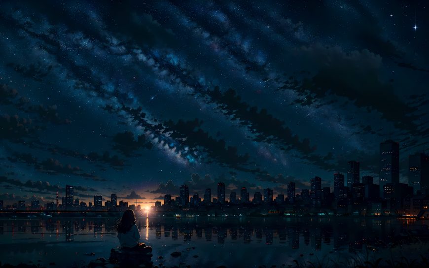女孩坐水边仰望星空银河倒映城市夜景动漫风景电脑壁纸