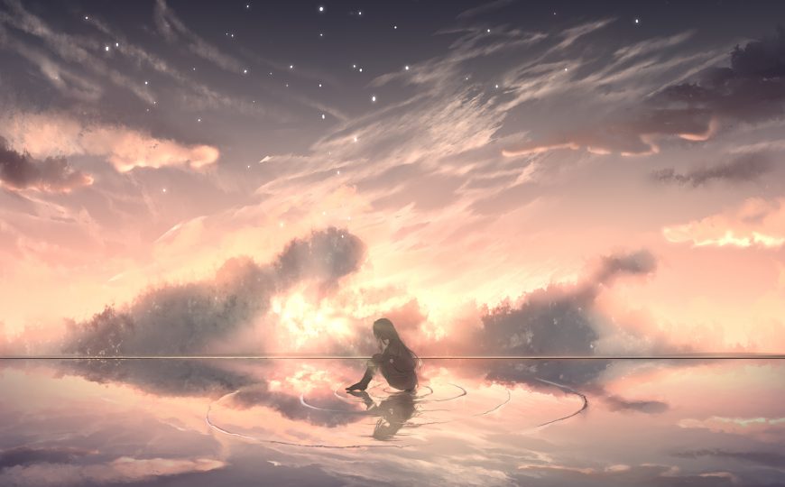 少女坐水边倒影粉霞云层梦幻氛围人物电脑壁纸