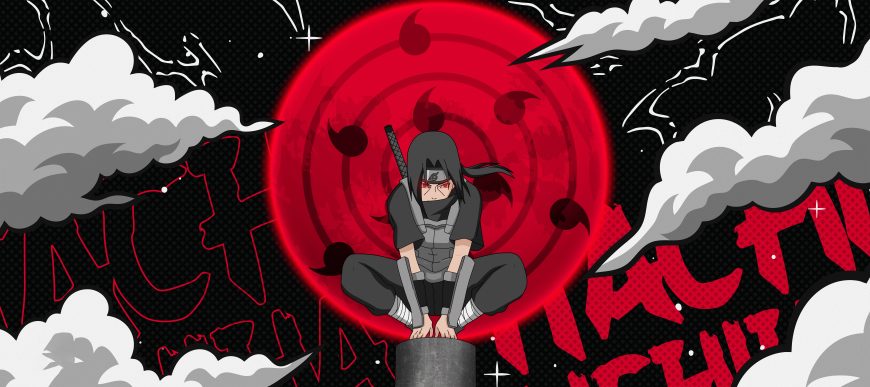宇智波鼬暗部造型盘坐石柱前写轮眼红光环绕漫画风人物电脑壁纸