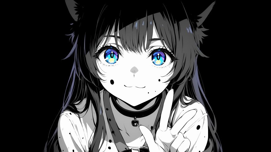 猫耳少女黑发蓝瞳比V手势黑白风格可爱人物电脑壁纸