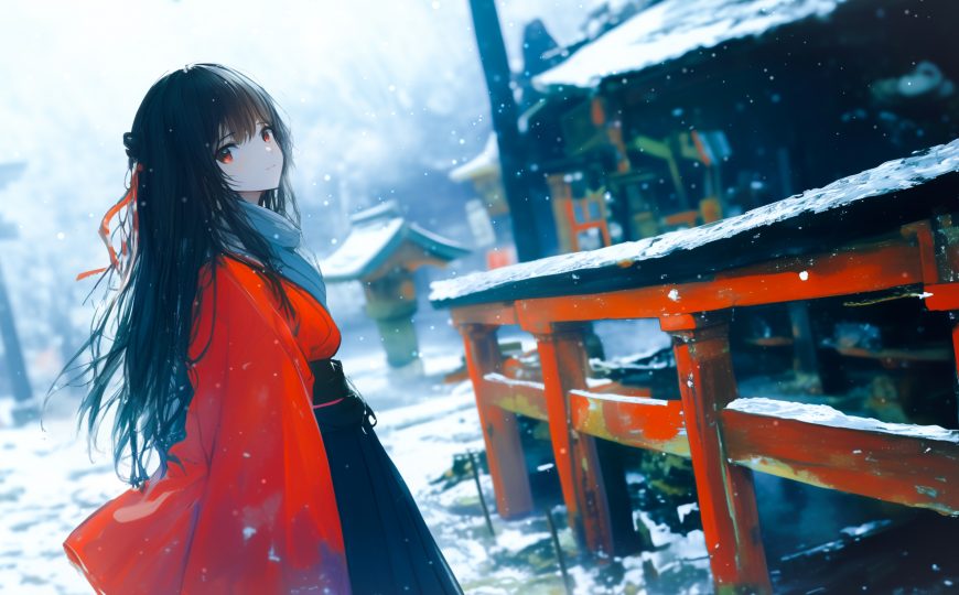 雪夜神社前红衣少女回望鸟居飘雪唯美动漫少女电脑壁纸