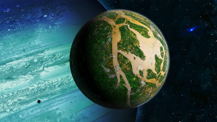 绿色星球悬浮宇宙星云环绕科幻风景电脑壁纸