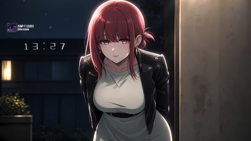 红发少女穿皮衣倚墙而立夜色光影动漫少女电脑壁纸