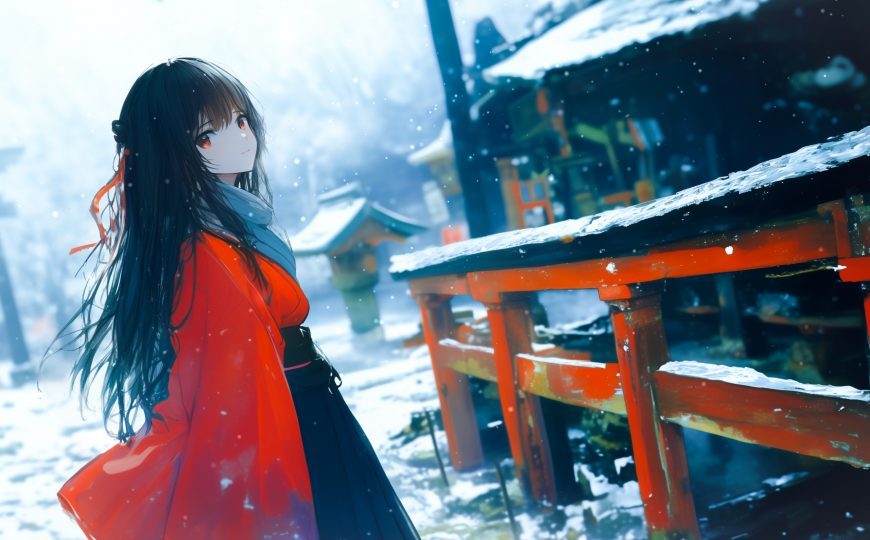 雪夜神社前红衣少女回望鸟居飘雪唯美动漫少女电脑壁纸